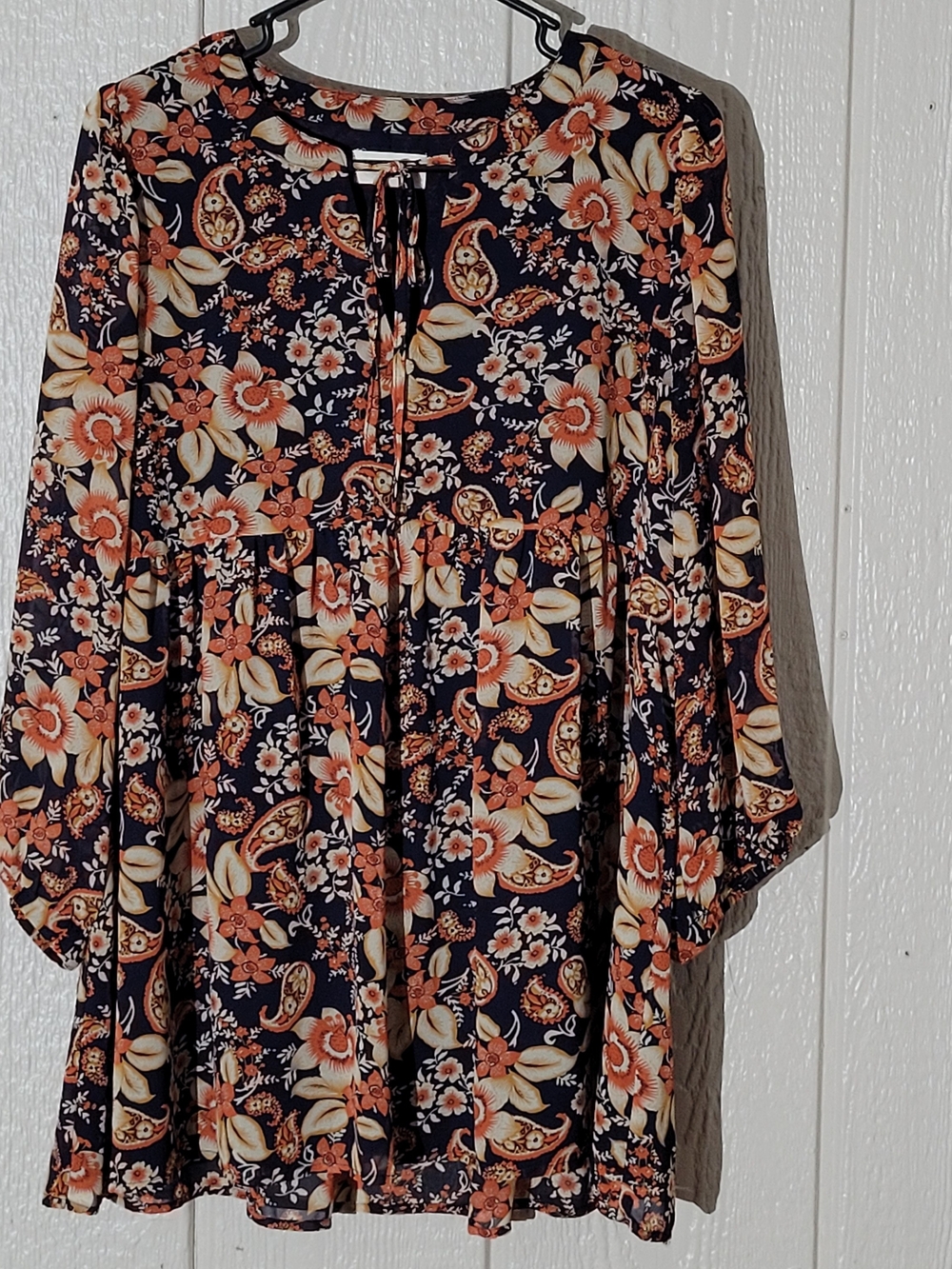 Floral Tie-Neck Women’s Top - Navy with Coral & Cream